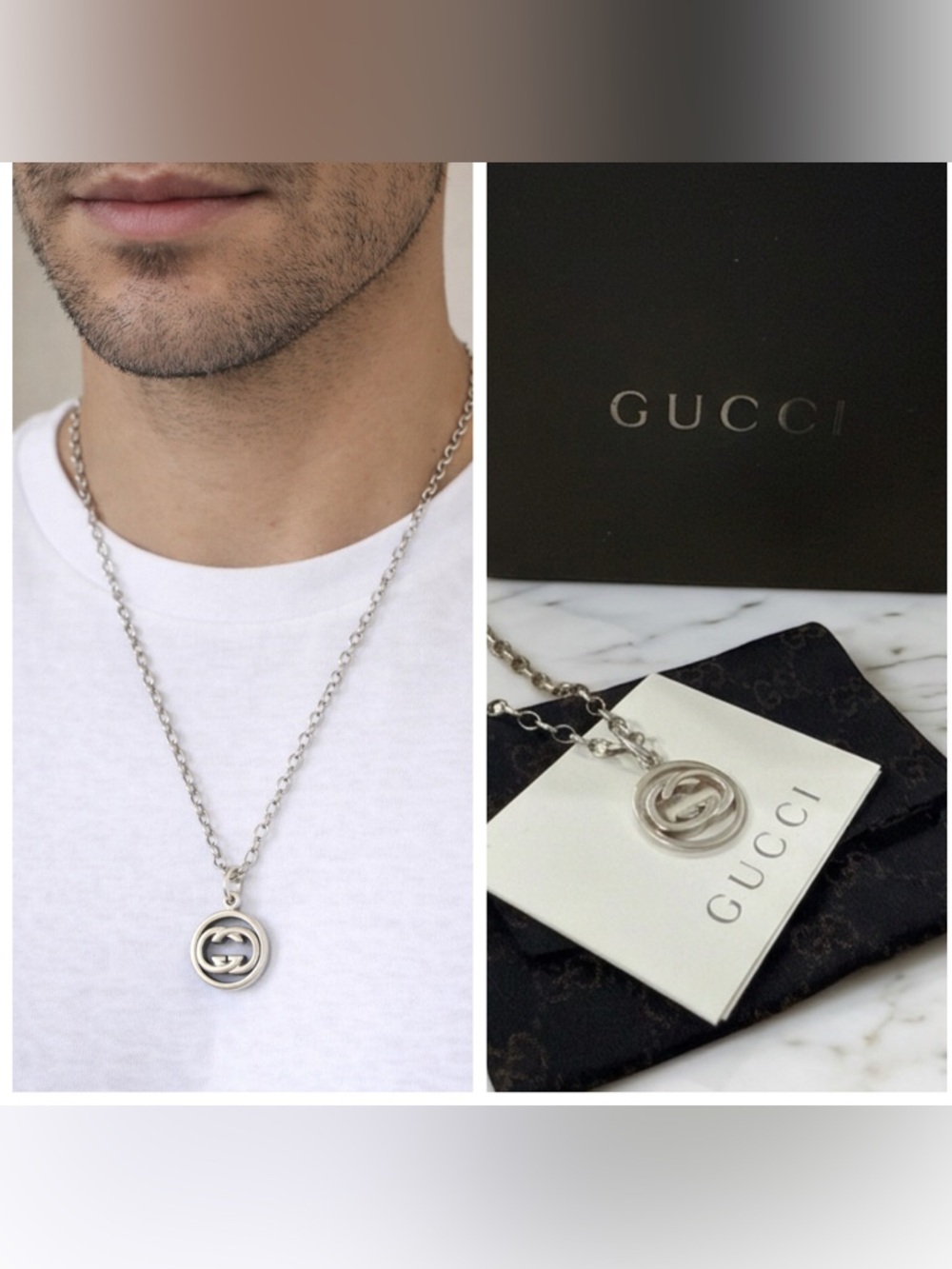 GUCCI Sterling Silver Interlocking G Pendant Necklace Ag 925 Italy